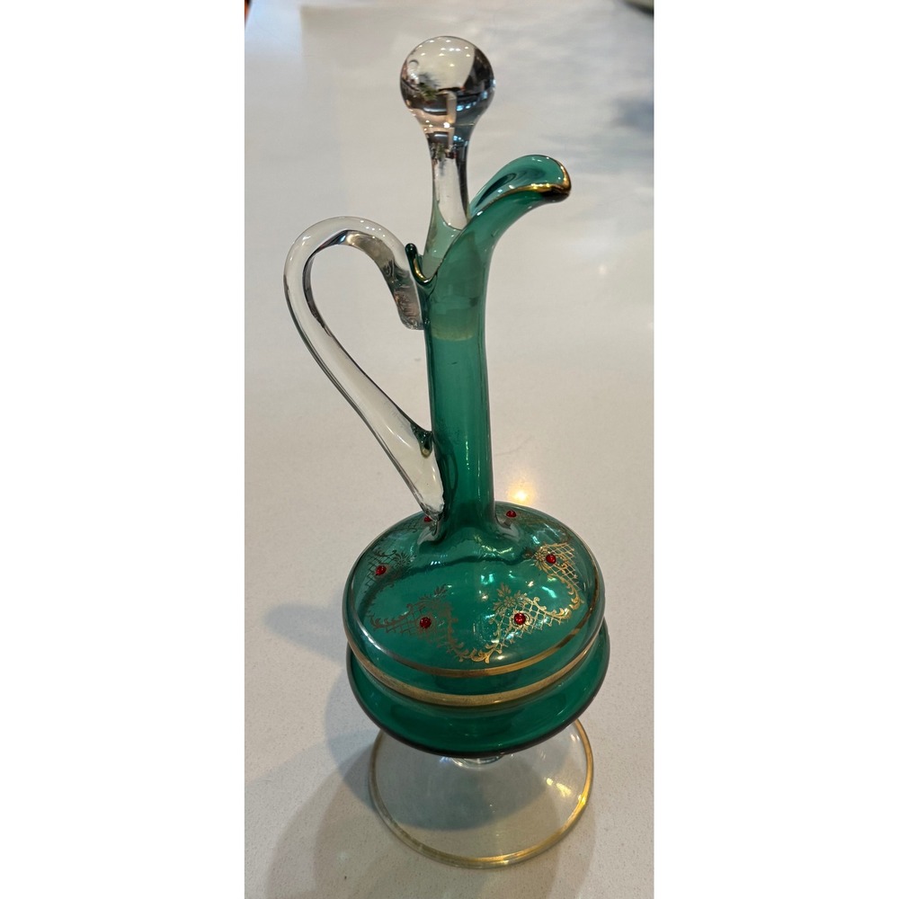 Vintage Venetian Emerald Green Glass Decanter Gold‎ Gilt Jeweled Cruet Stopper